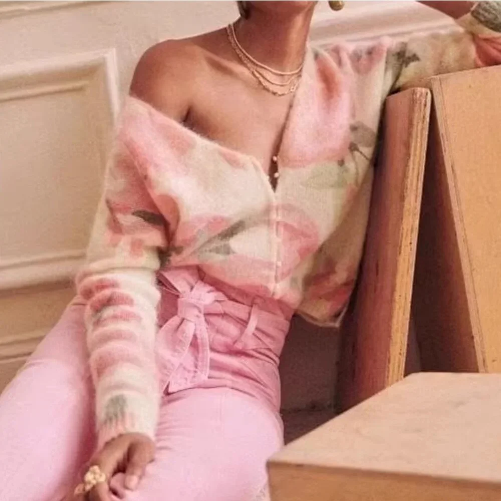 Sezane Lisette Cardigan Medium Pink Cream Floral Kid Mohair Sweater Knit French - Picture 6 of 15